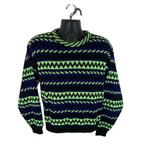 Vintage Wild Thunder Retro Knit Neon Sweater Size Large Geometric Striped Green